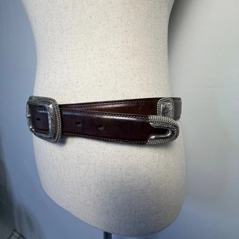 Vintage Dark Brown Leather Western, conchos Belt Silver Engraved Buckle 34